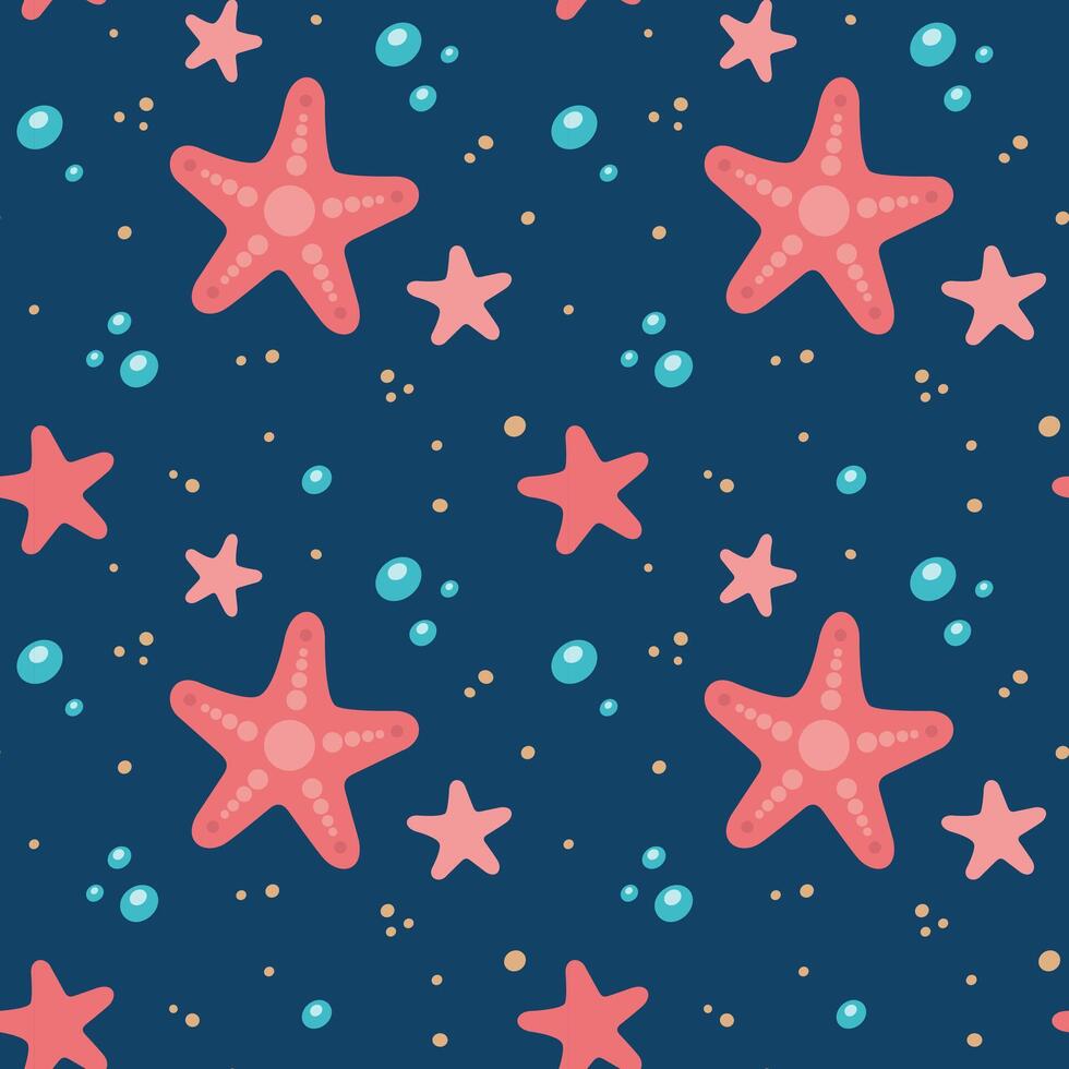 Seamless pattern with starfish, sand, water drops is in doodle style. Kids illustration. Flat design. vector