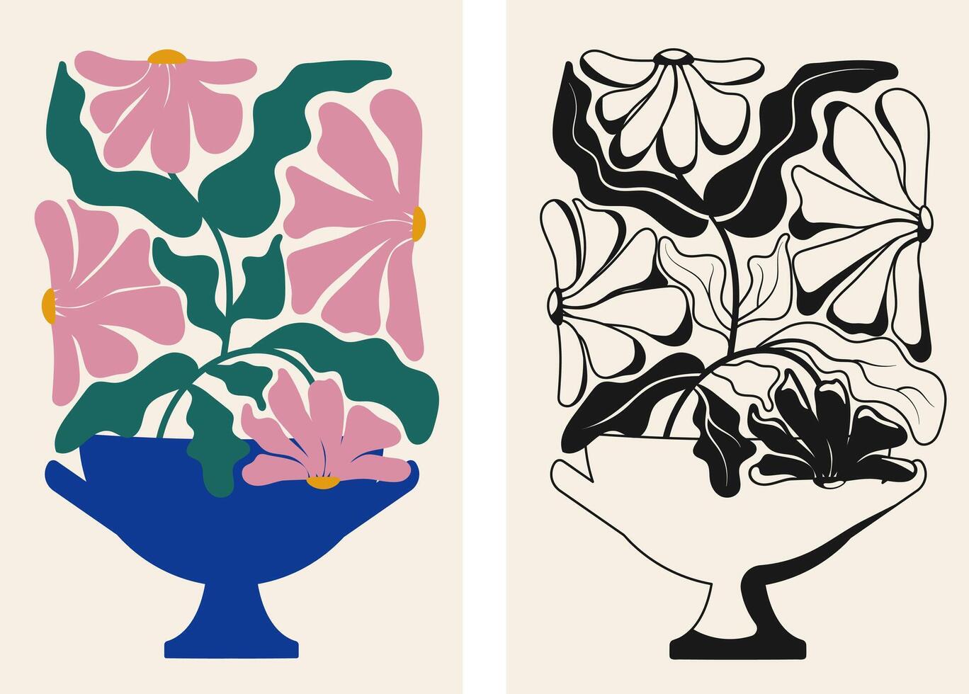 Two abstract floral posters. Black and white and color floral botanical botanical illustration. Modern poster and background in trendy naive retro hippie style. vector