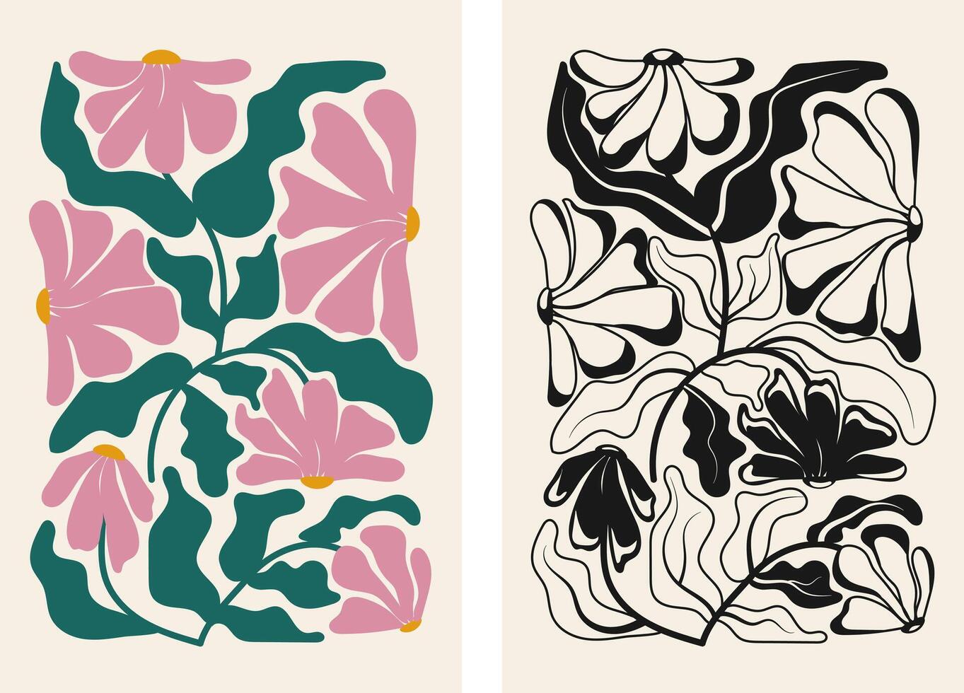Two abstract floral posters. Black and white and color illustration in trendy naive retro hippie style 60s 70s. Modern poster and background. vector