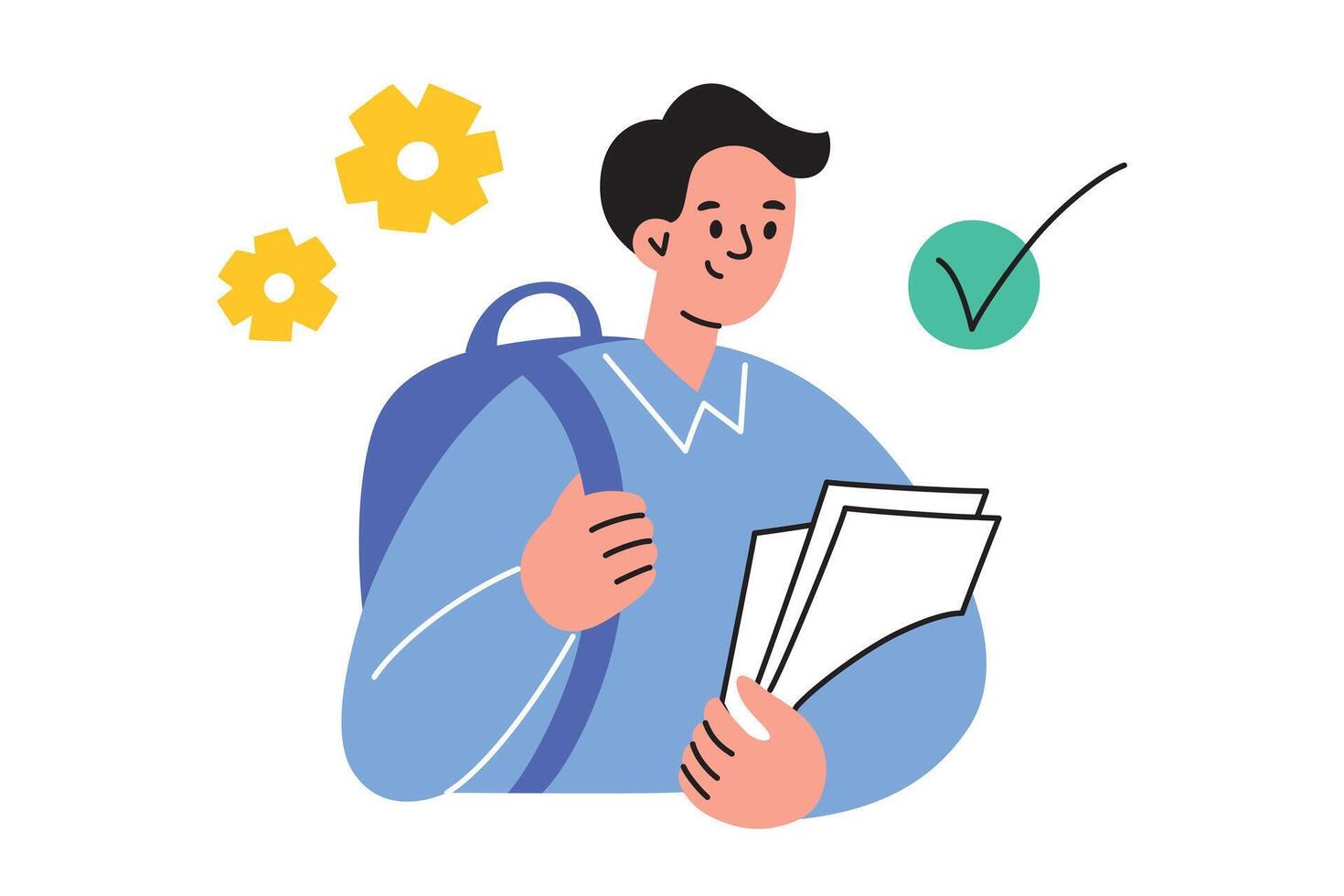 illustration of a student with a backpack and papers in hand. Flat cartoon style. School, education, and learning. Teenage boy in academic life, studying concept. University or college setting vector