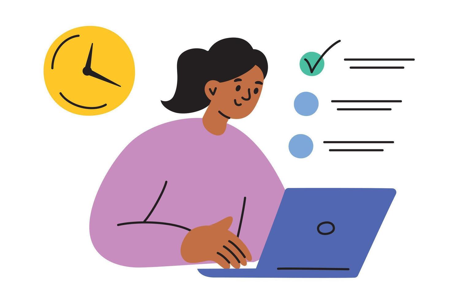 illustration of a student taking a timed test on a laptop. Flat cartoon style. Online education and study on deadlines and timers. Digital exam setting in school or university. Remote learning vector