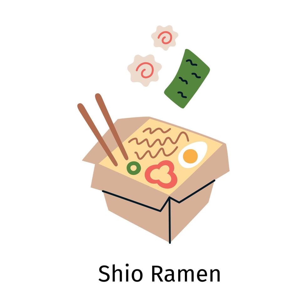 Shio ramen illustration in flat cartoon style. Japanese noodle soup with egg, nori, narutomaki, and chopsticks in a takeout box. Asian cuisine doodle, delicious and savory meal vector