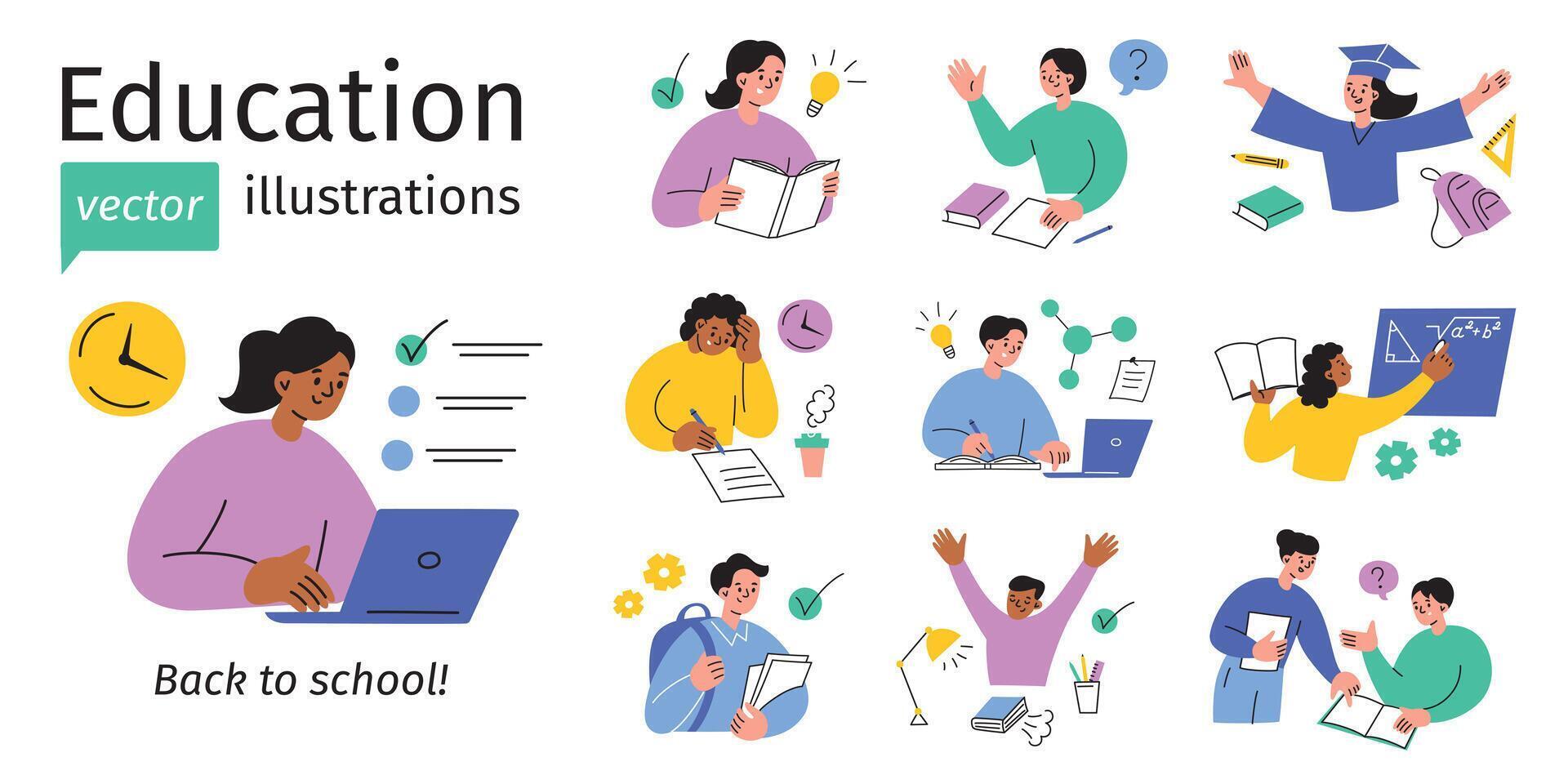 Education illustrations set, collection of school children and teachers. Studying, exams, homework,classroom activities. Students reading, writing, doing science, math. Back to school vector