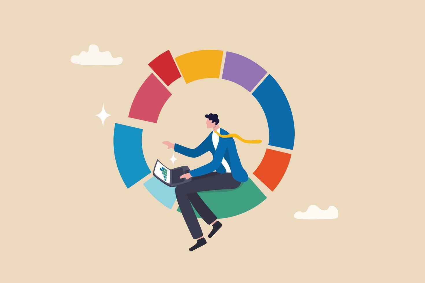 Investment pie chart asset allocation for diversification, financial percentage distribution, budget or marketing analysis chart diagram concept, businessman working with computer laptop on pie chart. vector