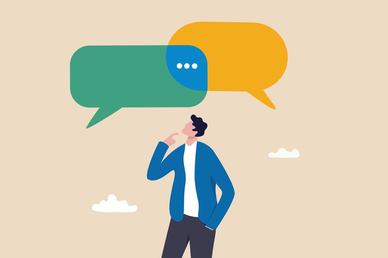 Second opinion, suggestion or advice to consider, reason or logical thinking, information to make decision or judgement concept, businessman think from listening to second opinion and make decision. vector