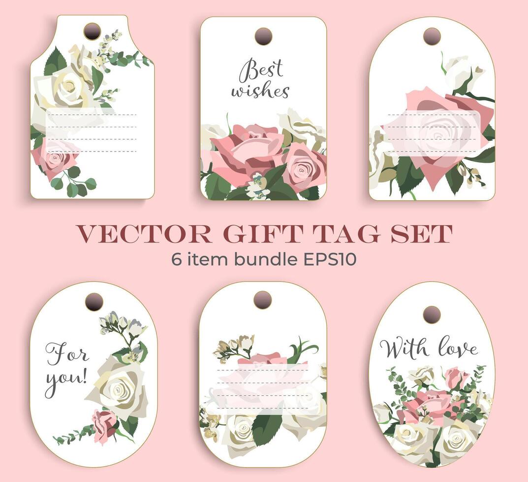 wedding or birthday gift tag set with white and pink roses flat style vector