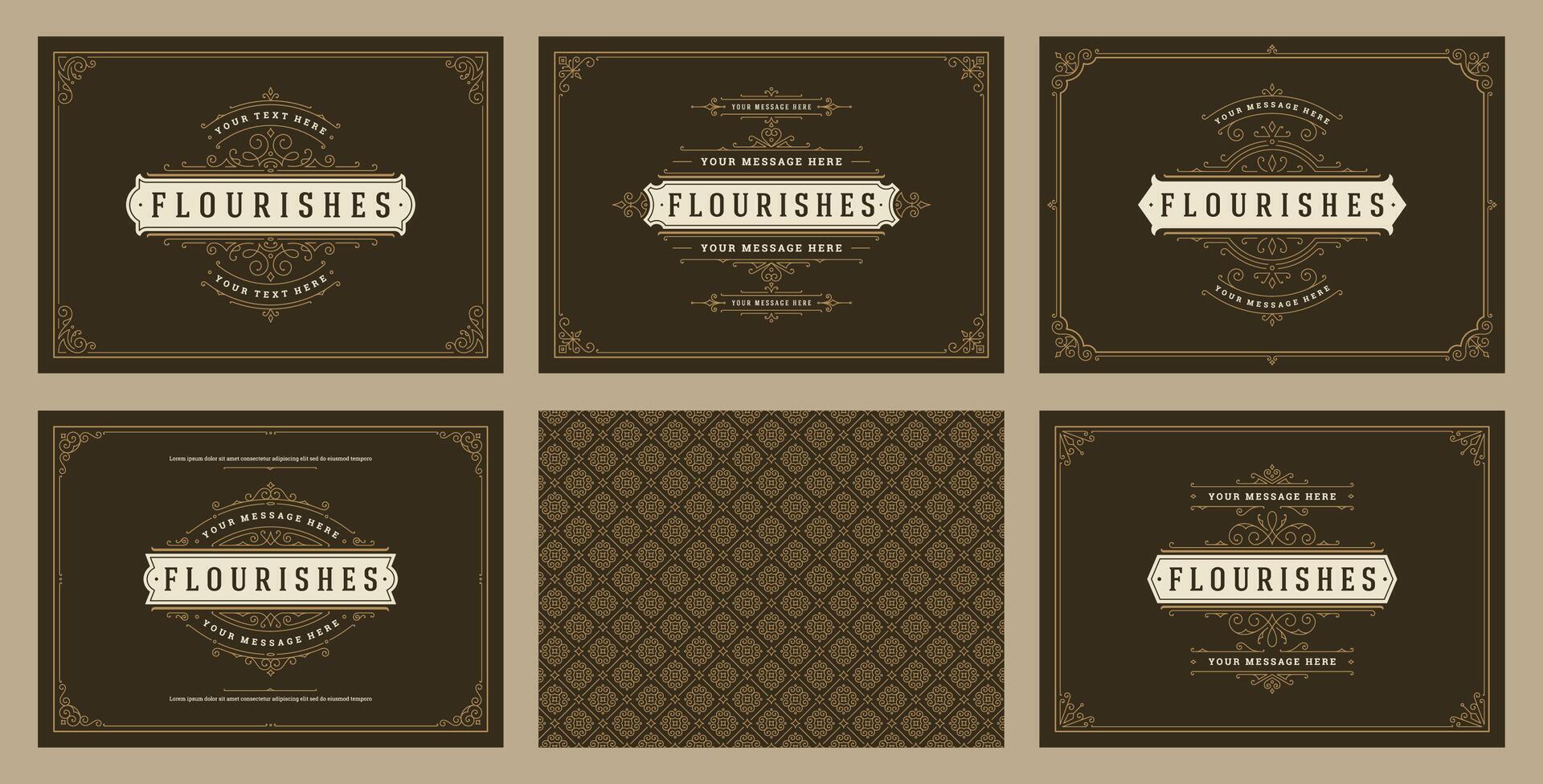 Vintage ornament greeting cards set templates flourish ornate frames and pattern background illustration vector