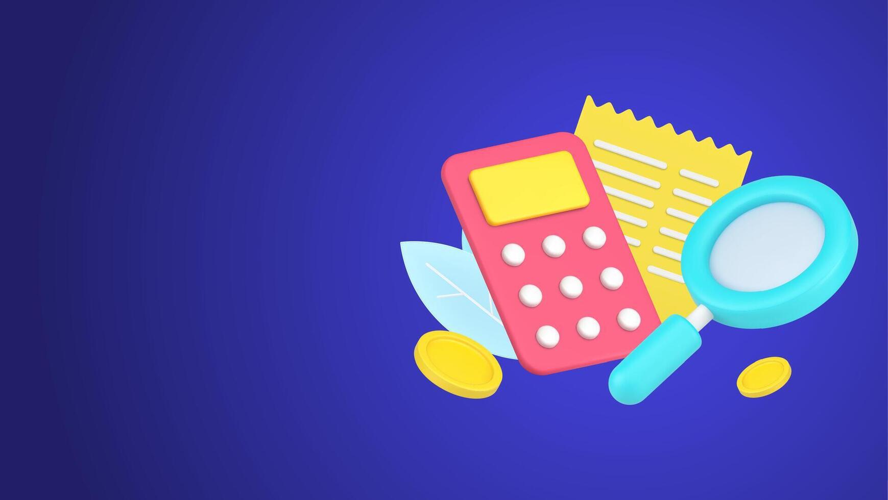 Checking information for regular payment paper document agreement with magnifying glass 3d icon vector