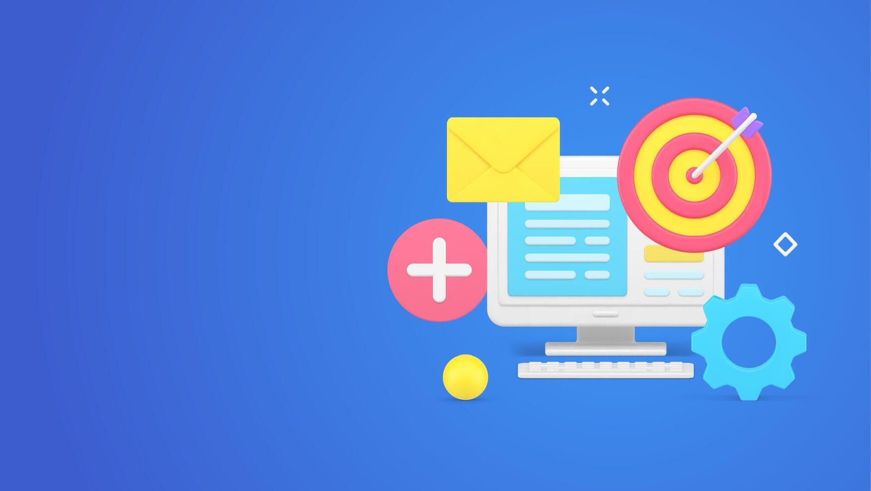 Computer desktop with open information file with machine mechanism, target aim, new email envelope vector