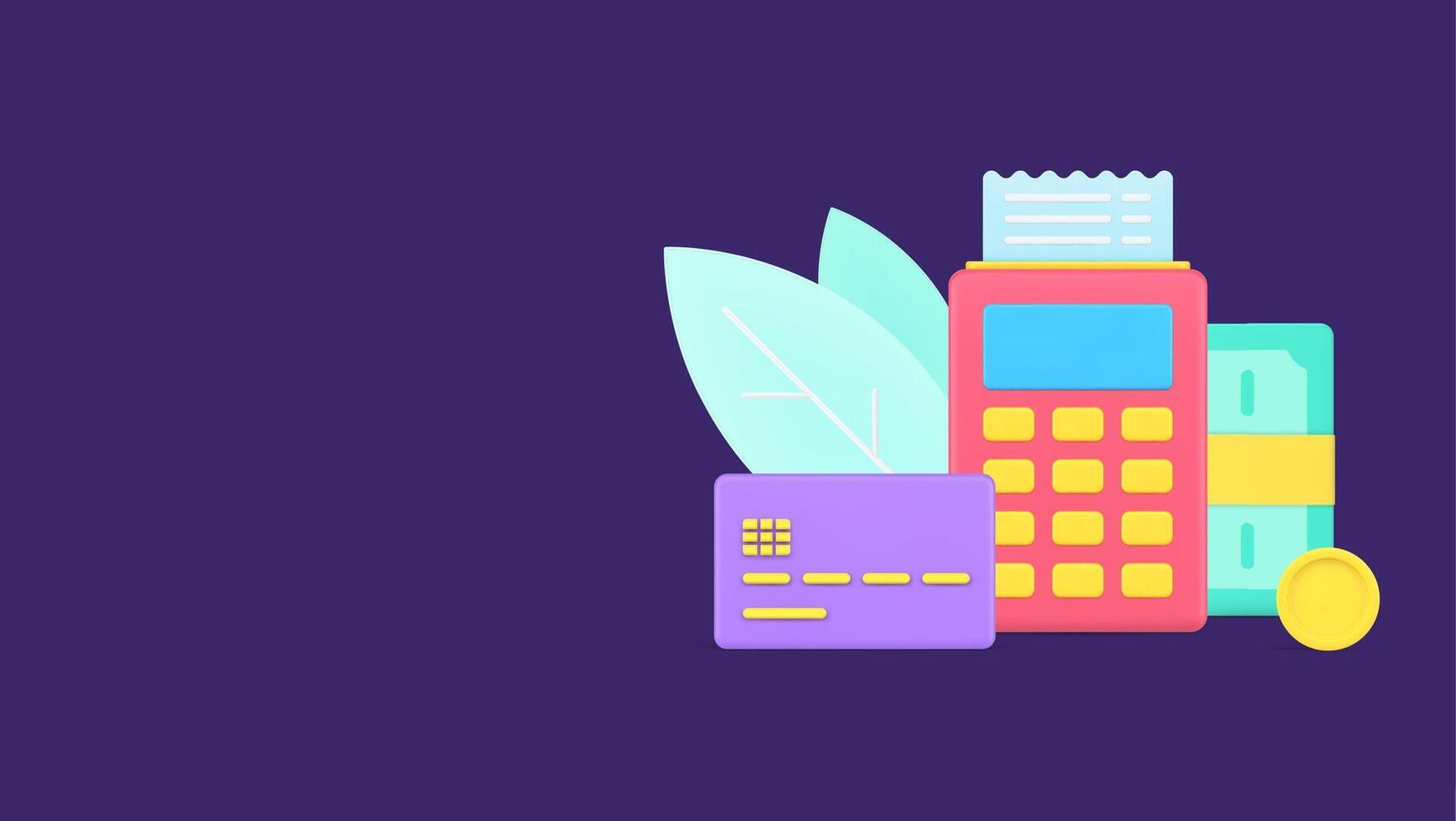 POS terminal with receipt, credit card and cash money dollar for payment 3d icon isometric vector