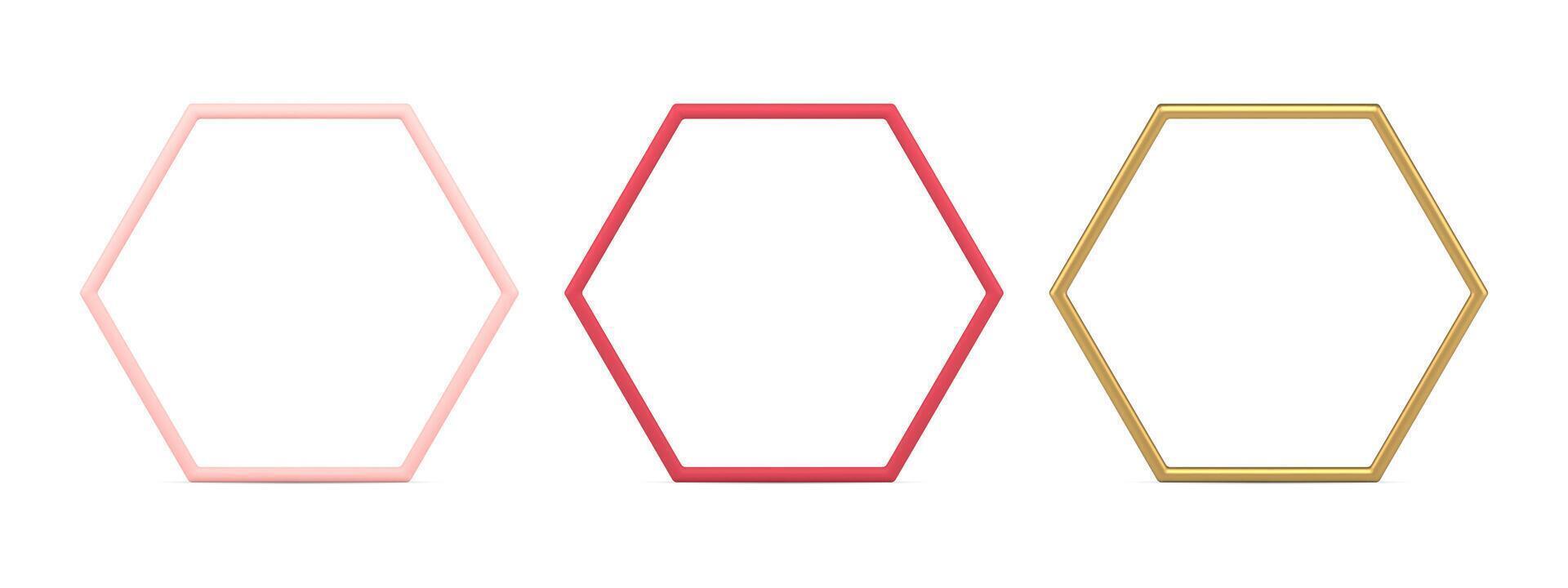 Collection realistic metallic hexagonal shape luxury outline empty frame 3d decorative design vector