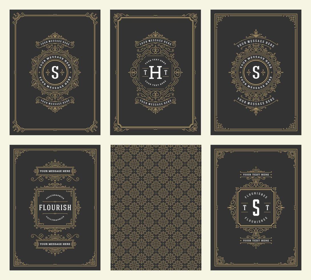 Vintage ornament greeting cards set templates flourish ornate frames and pattern background illustration vector