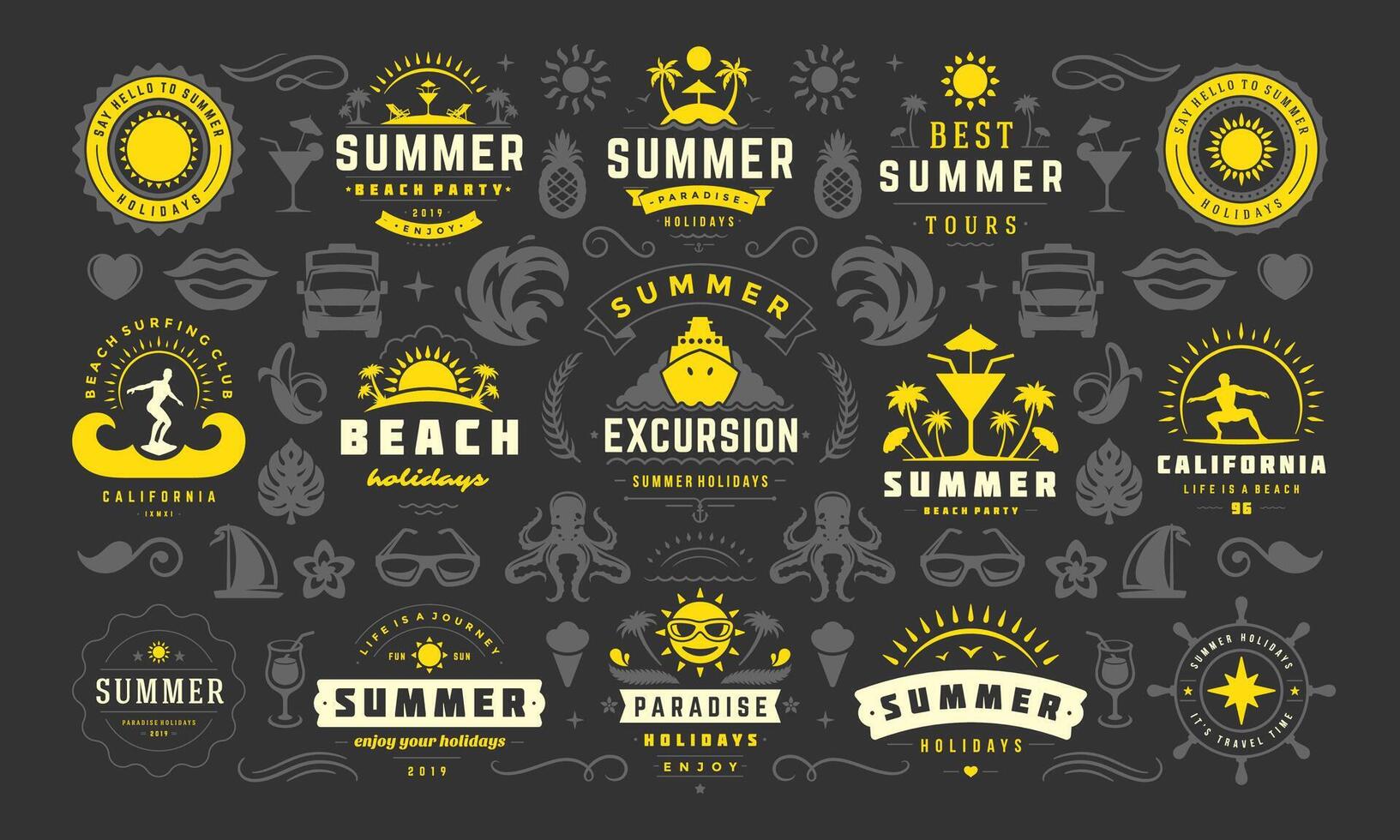 Summer labels and badges design set retro typography for posters, greeting cards and banners. vector