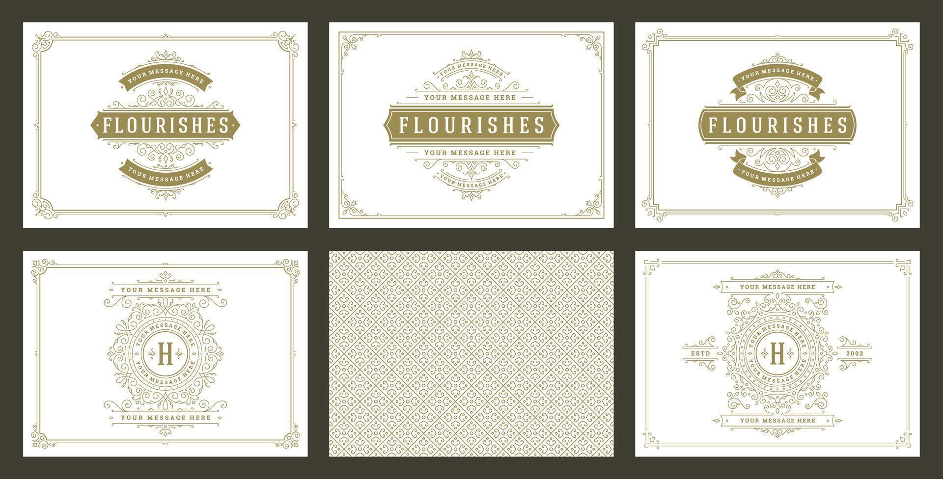 Vintage ornament greeting cards set templates flourish ornate frames and pattern background illustration vector