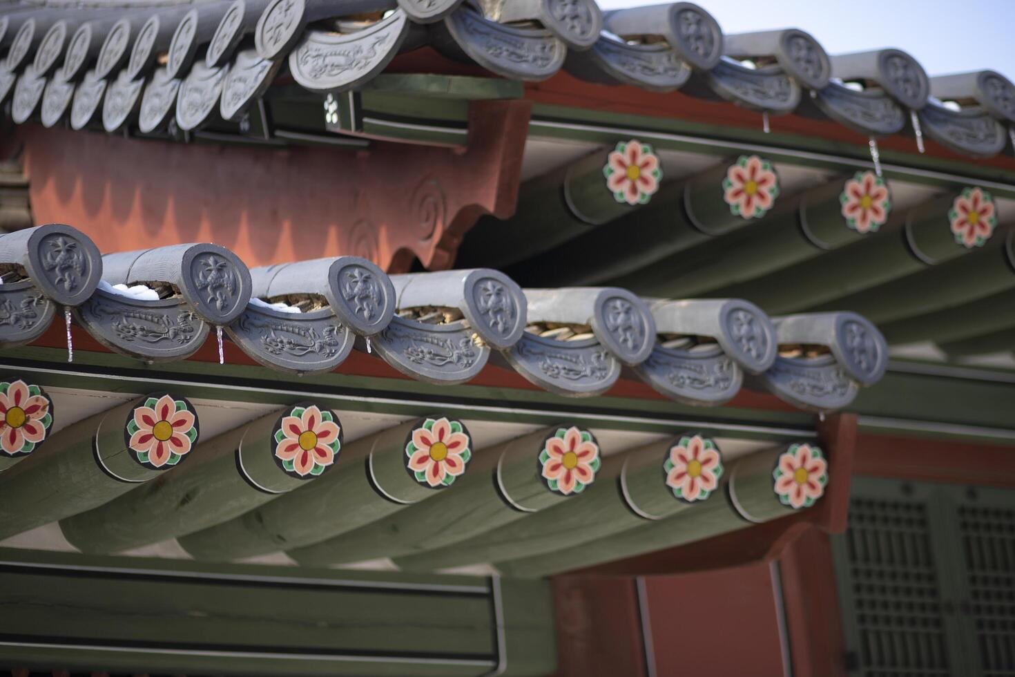 Roof of traditional Korean houses, Korean ancient architecture, snow, trees, and Korean-style houses photo