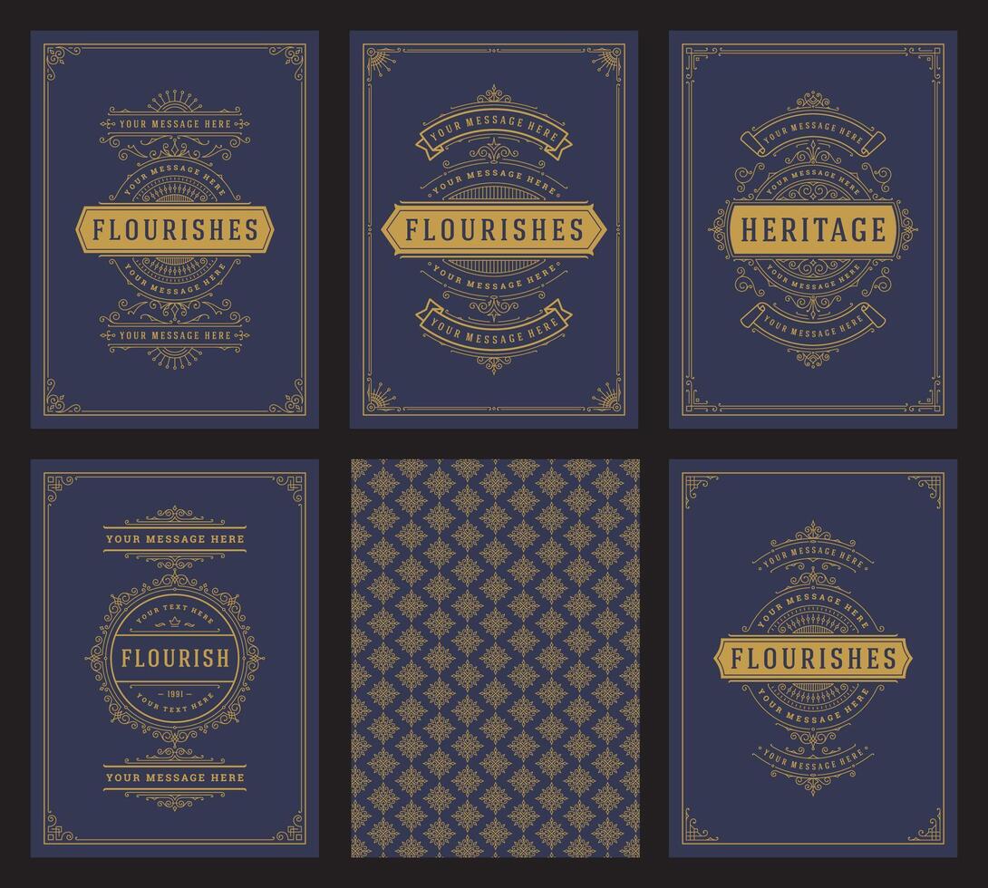 Vintage ornament greeting cards set templates flourish ornate frames and pattern background illustration vector