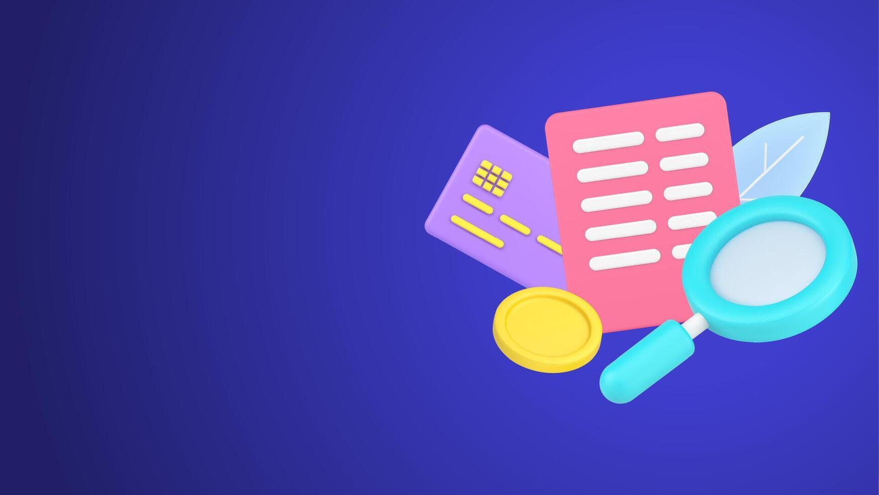 Searching information at document agreement of regular payment with magnifying glass 3d icon vector