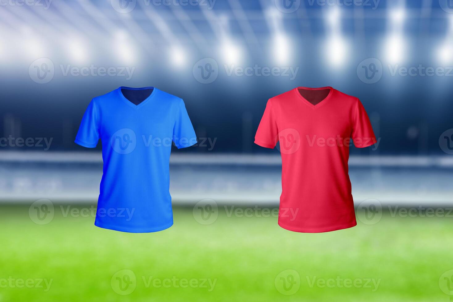 Blue and red jerseys in a football stadium, symbolizing team presentation before a match, ideal for sports-themed presentations and designs photo