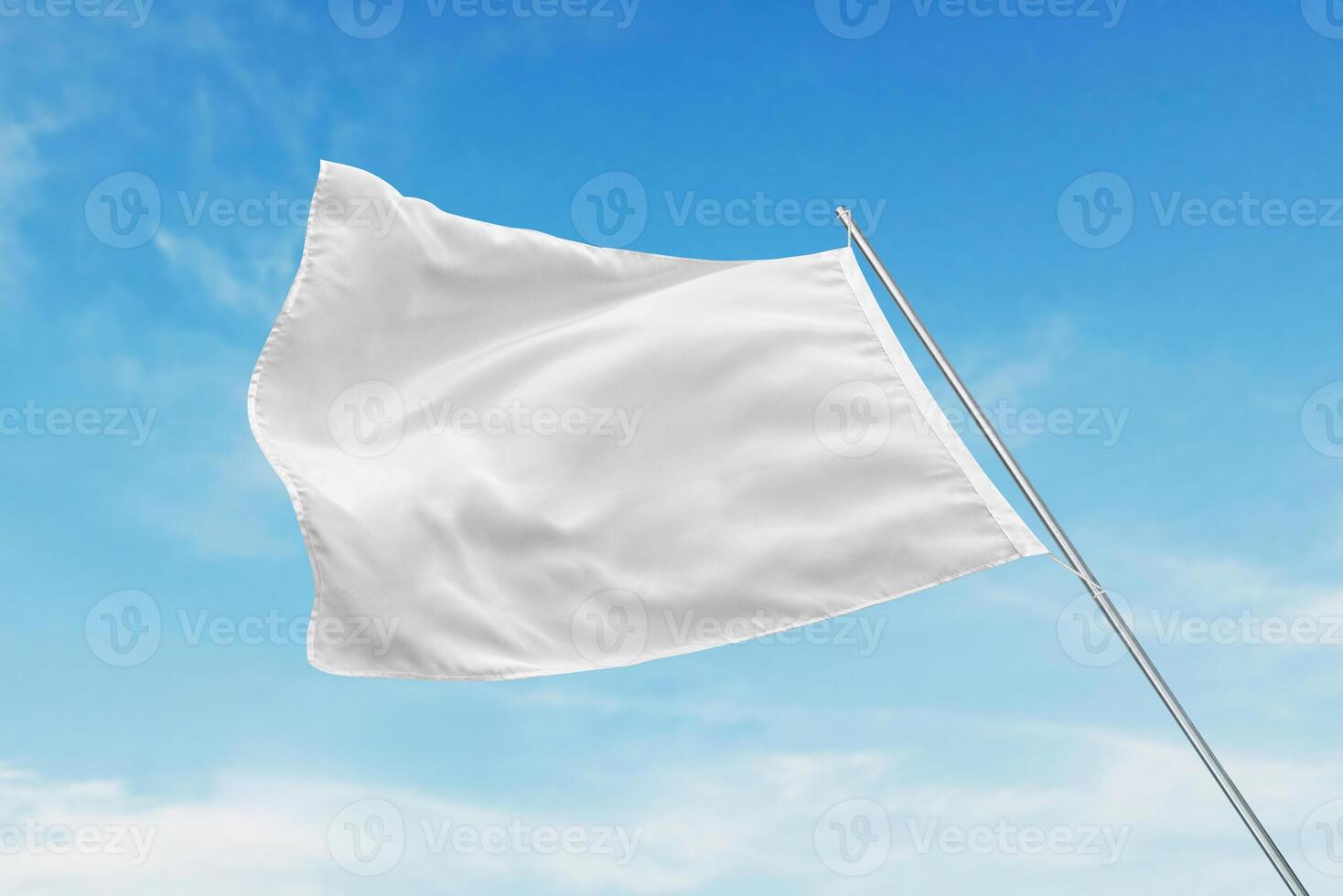 A white flag flutters in the wind with clean texture, perfect for state or advertising flag mockup, set against a clear blue sky photo