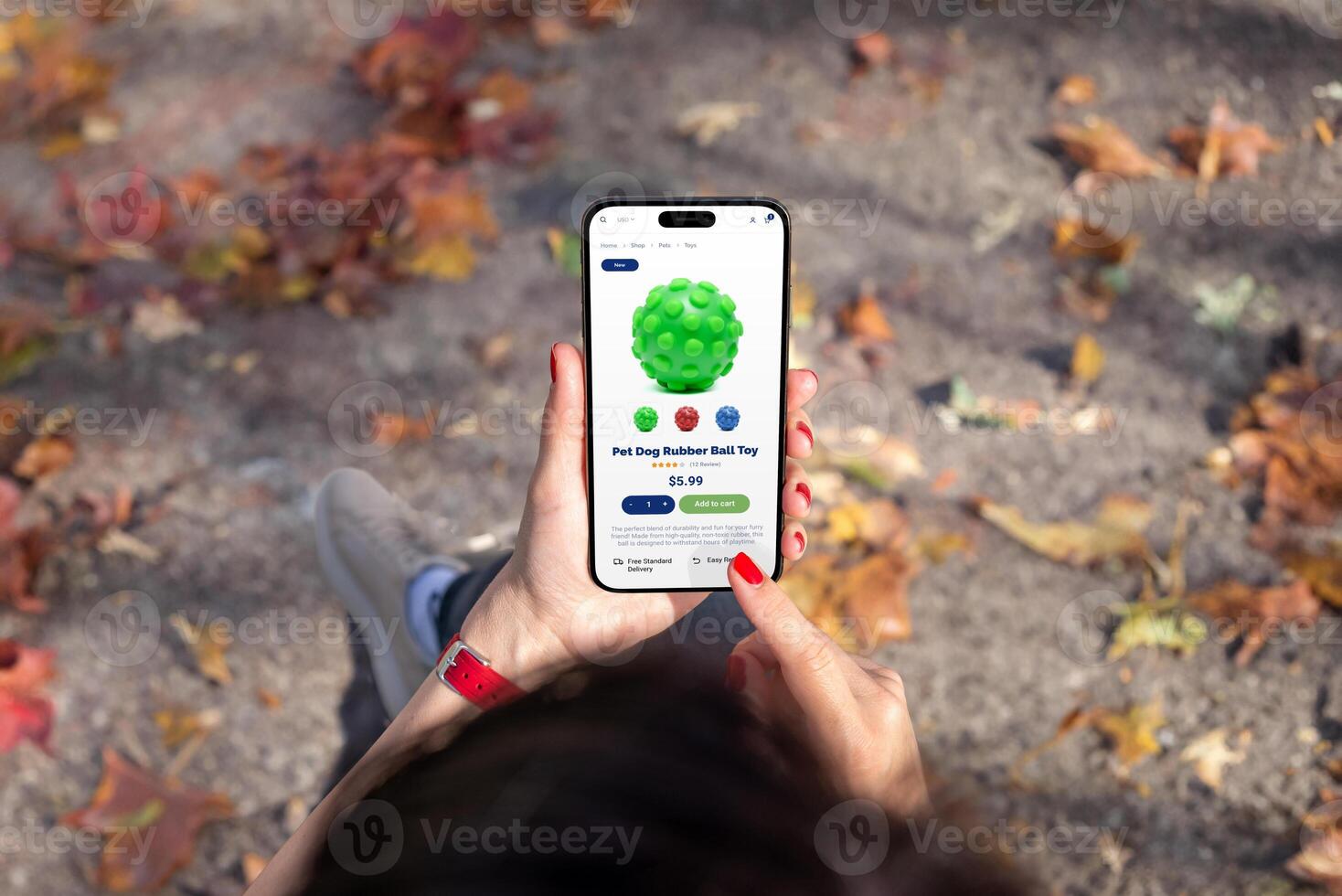 Woman browsing pet ecommerce app on smartphone, selecting adorable dog toy. Pet store online with food and toys photo
