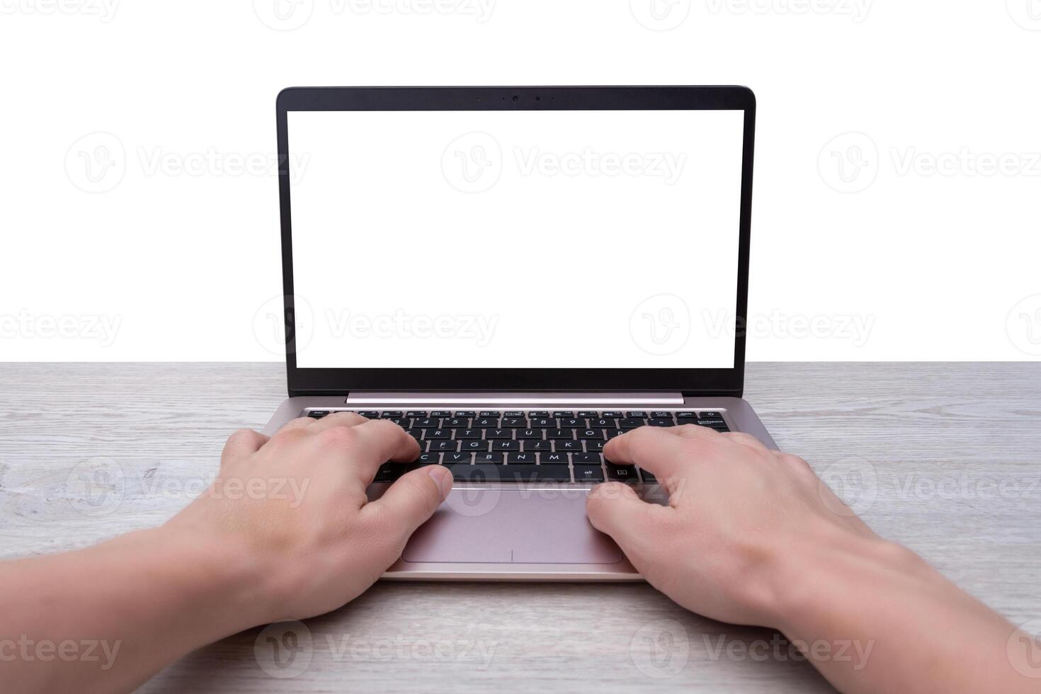 Hands typing on laptop with isolated screen for mockup, web page presentation. Modern workspace concept with blank digital interface photo