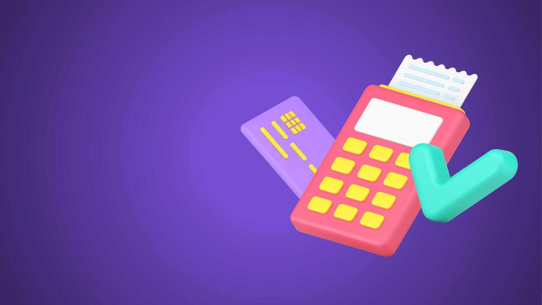 Contactless POS terminal payment with credit card and bill receipt accepted by check mark 3d icon vector