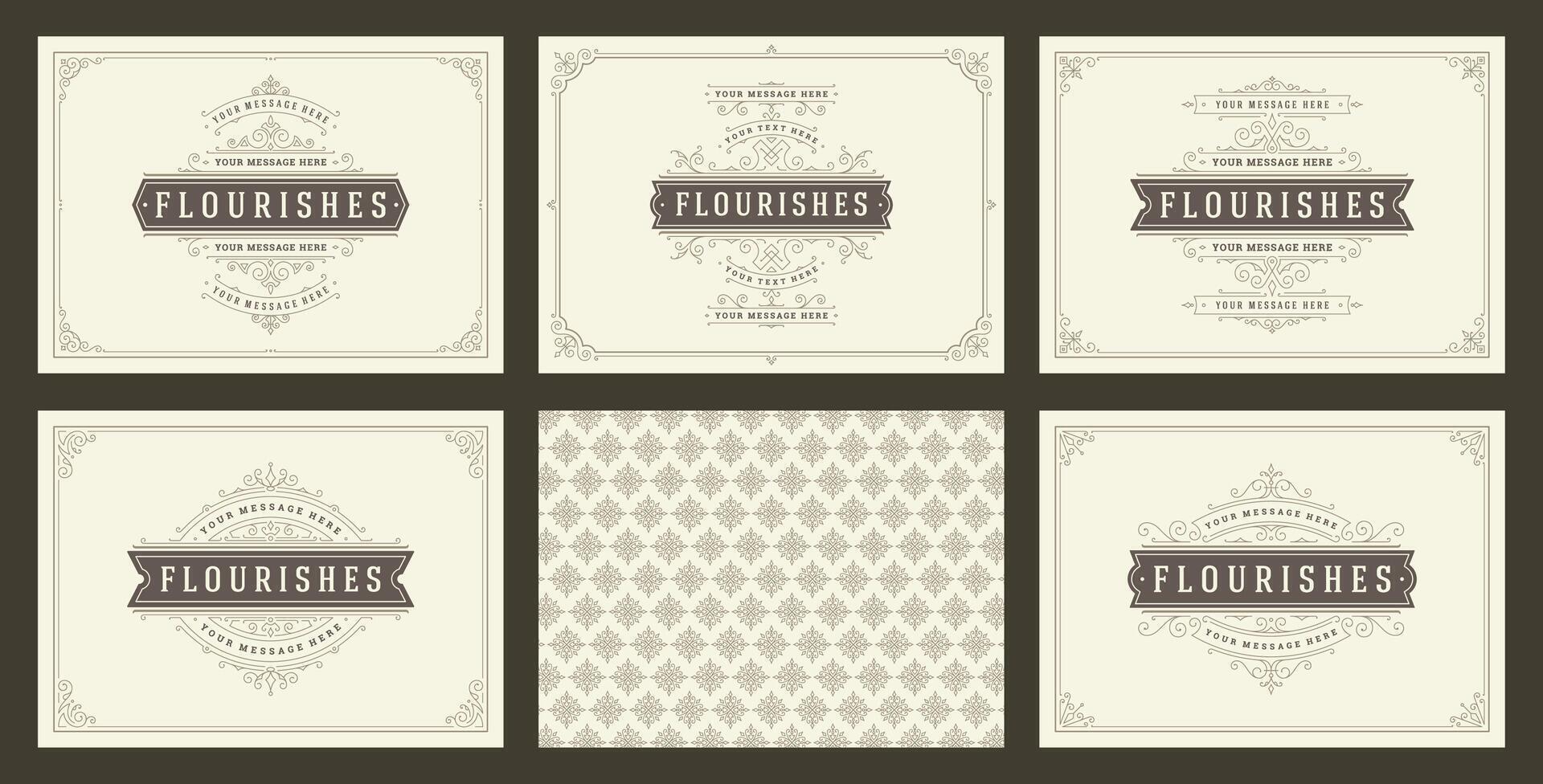 Vintage ornament greeting cards set templates flourish ornate frames and pattern background illustration vector