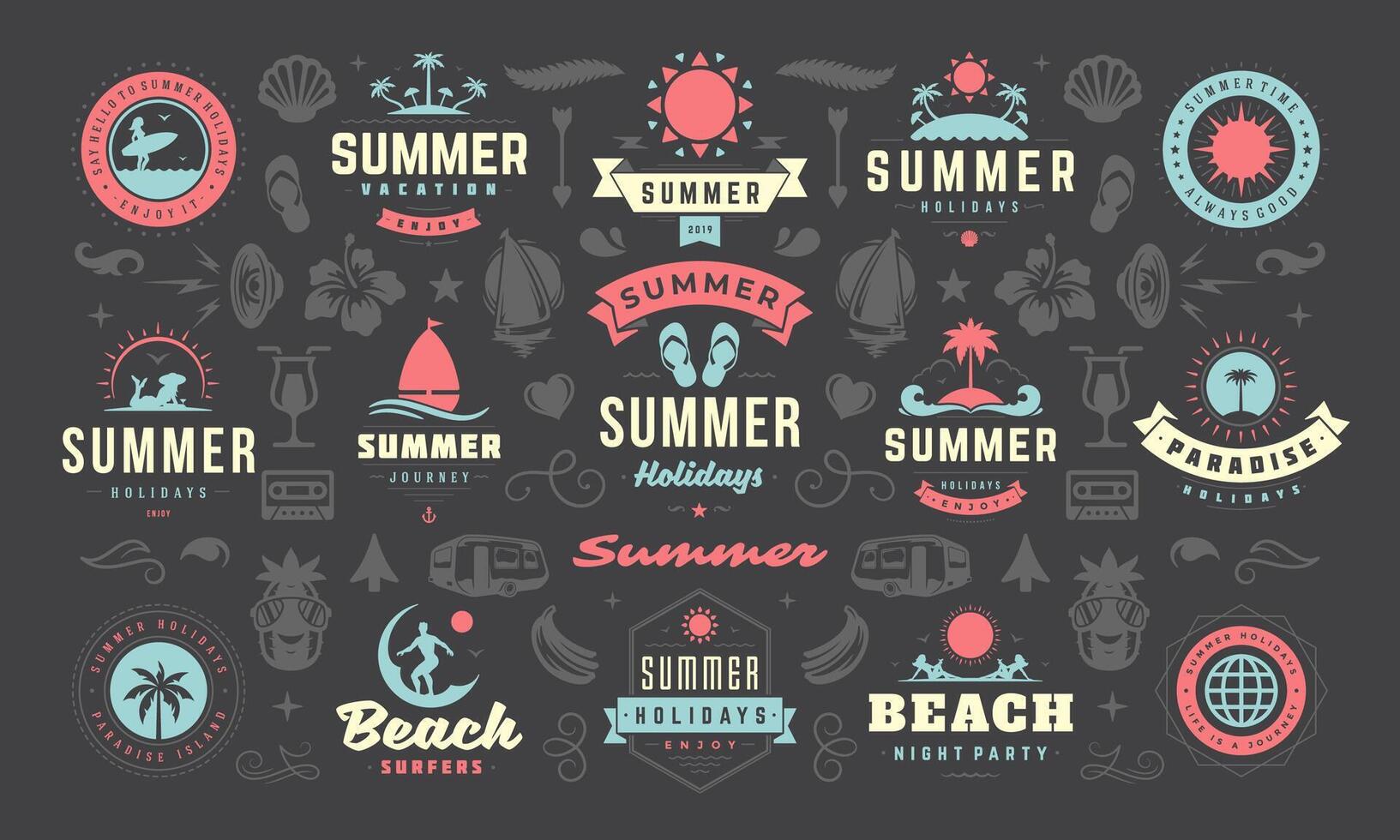 Summer labels and badges design set retro typography for posters, greeting cards and banners. vector