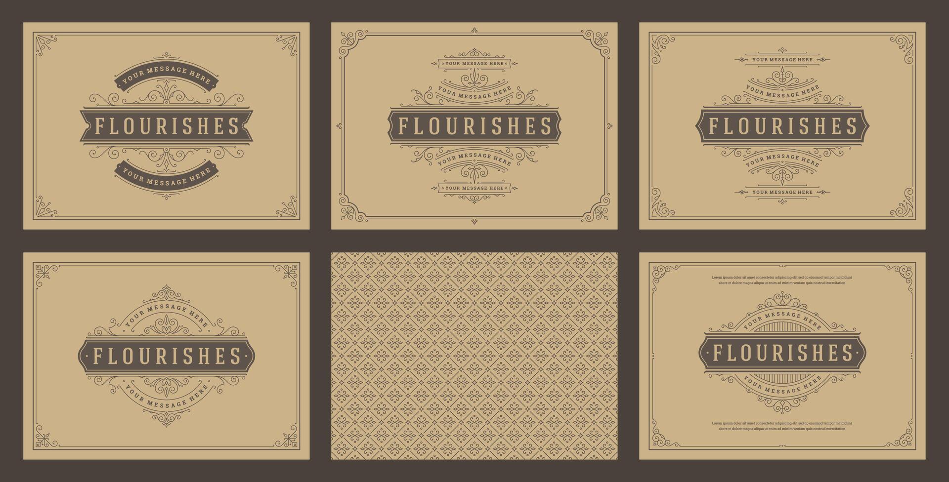 Vintage ornament greeting cards set templates flourish ornate frames and pattern background illustration vector