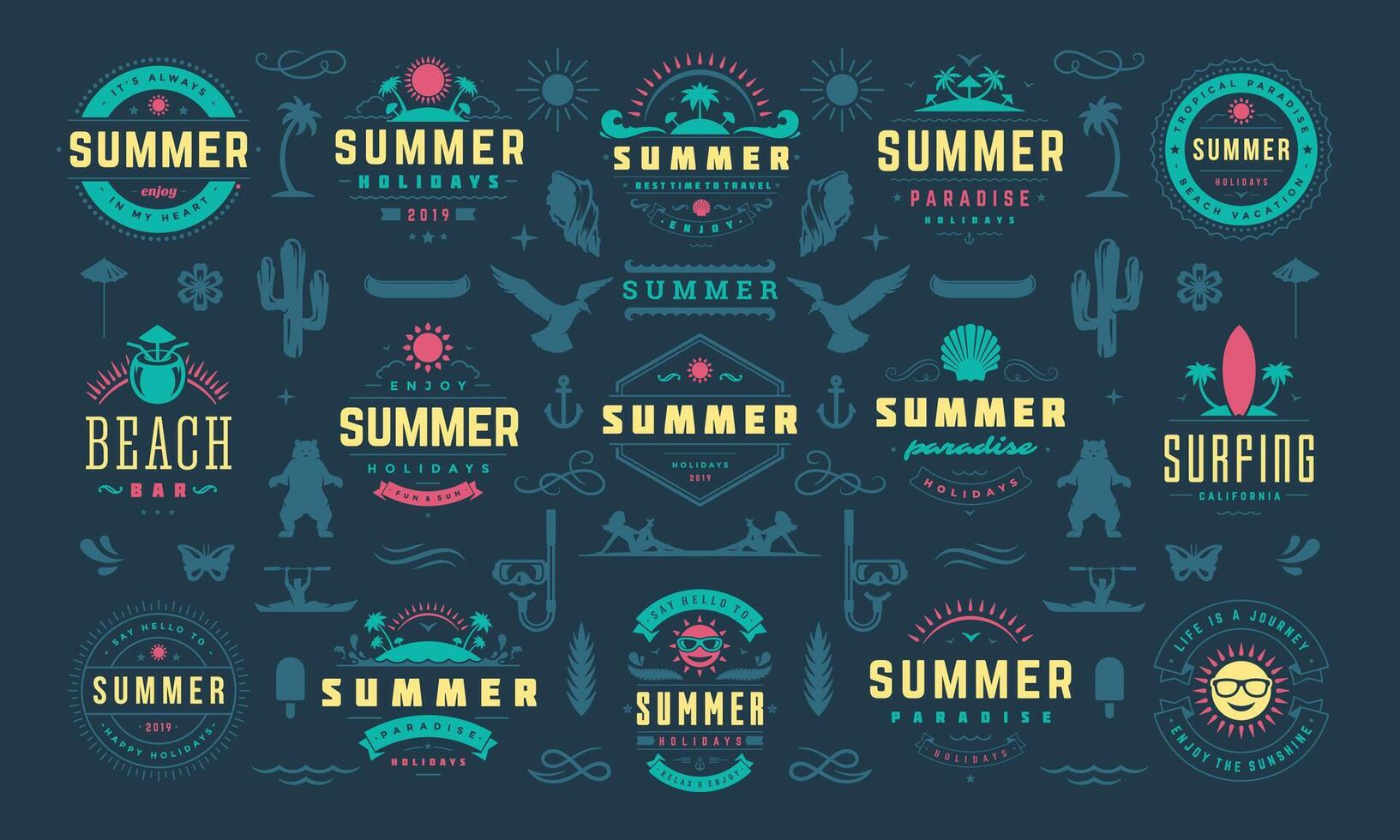 Summer labels and badges design set retro typography for posters and t-shirts vector
