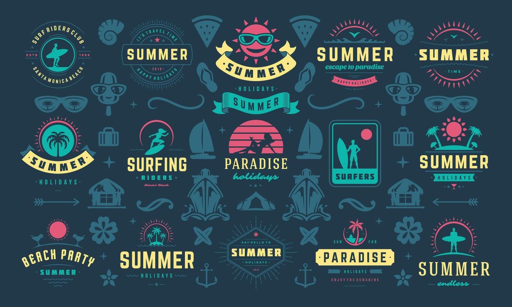 Summer holiday labels and badges design set retro typography for posters and t-shirts vector