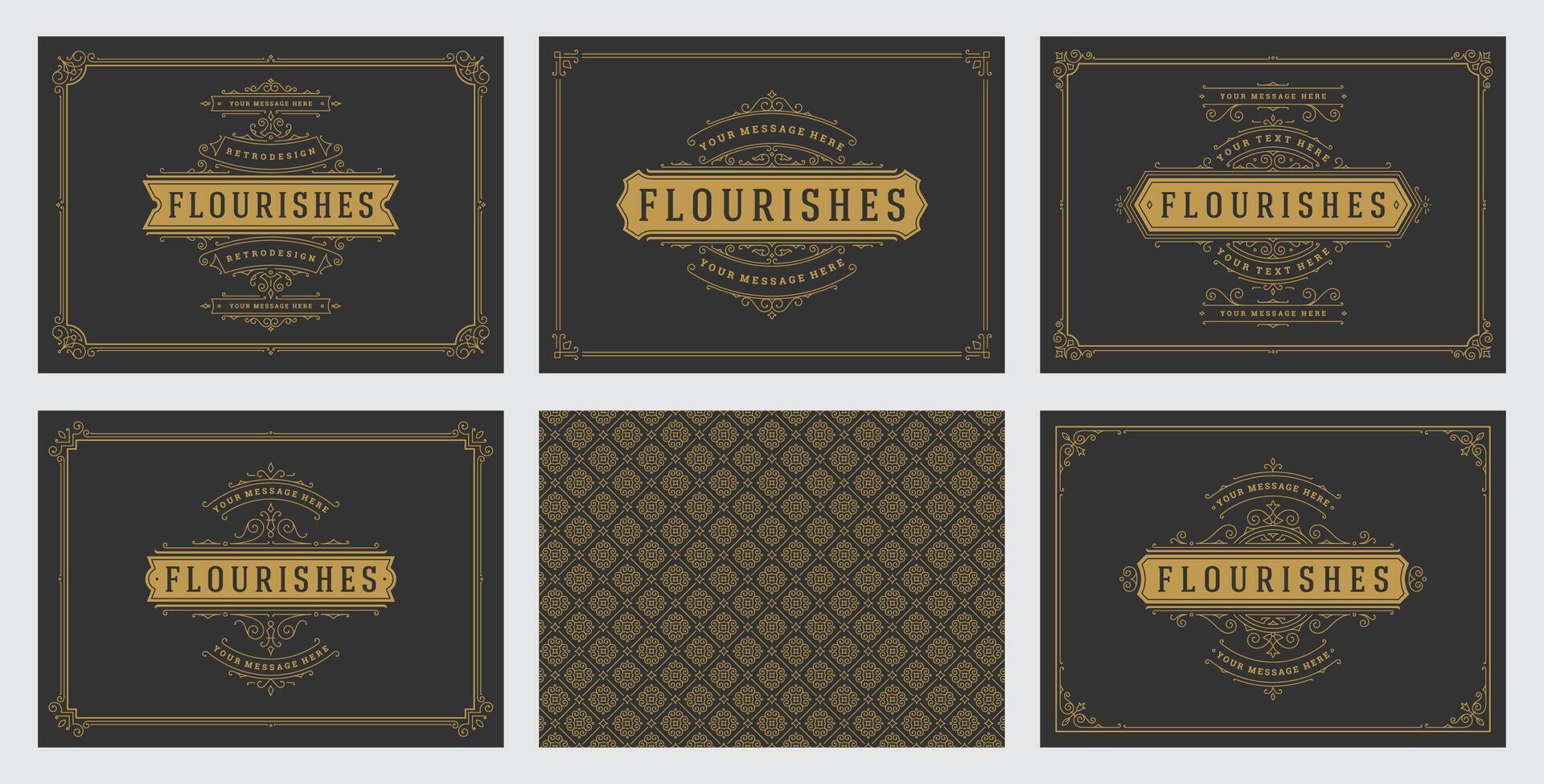 Vintage ornament greeting cards set templates flourish ornate frames and pattern background illustration vector