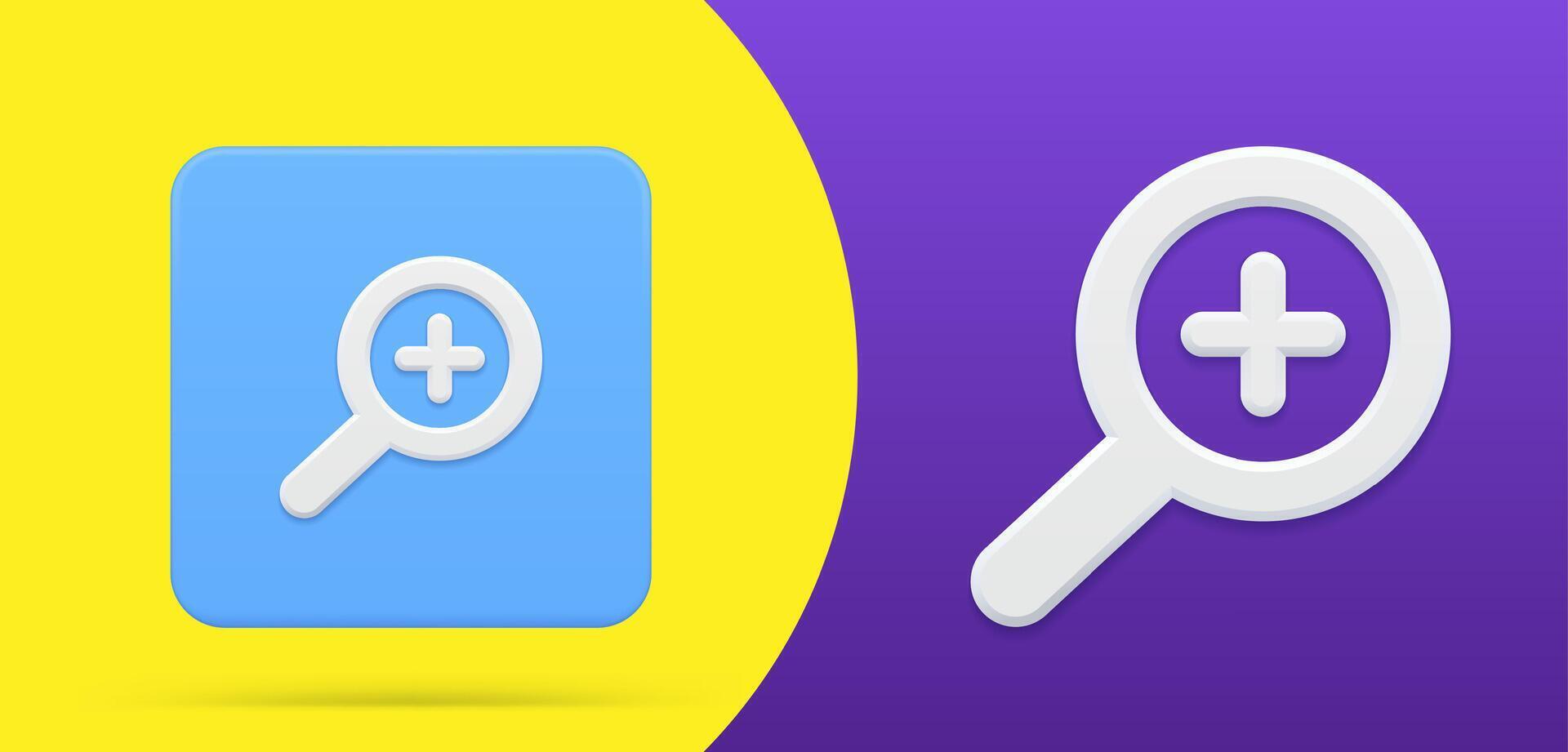 Simple magnifying glass with plus symbol 3d icon button set illustration zoom, add, searching vector