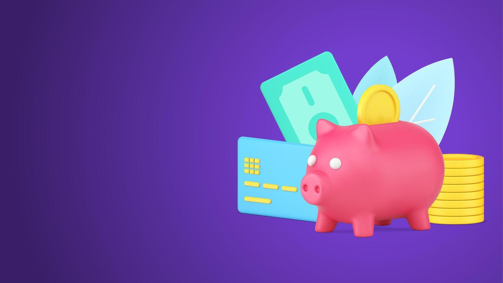 Money savings with golden coins in piggy bank and cash money dollar with credit card 3d icon vector
