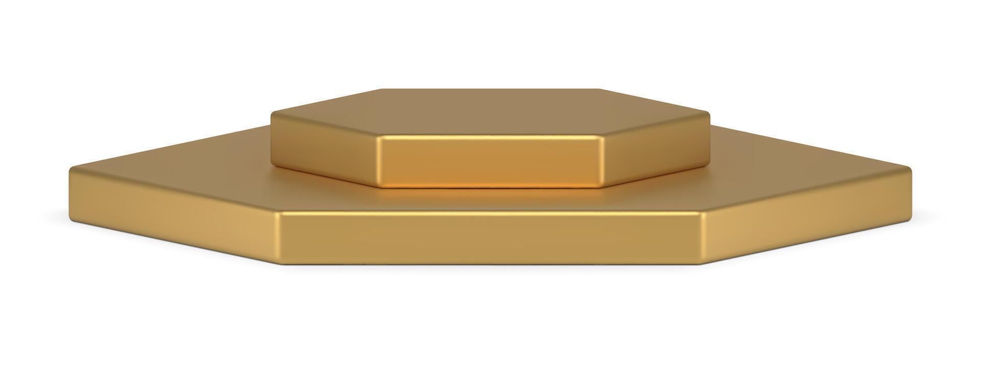 Realistic golden luxury hexagonal geometric shape pedestal two level isometric 3d template vector