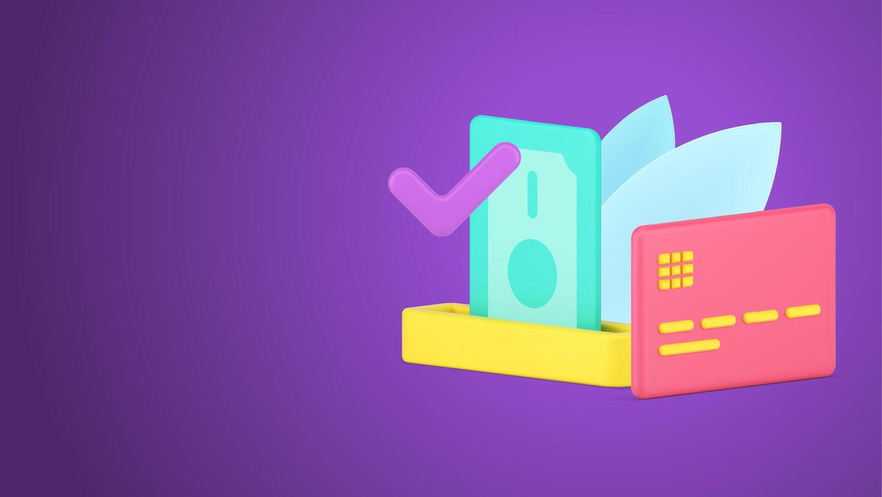 Accepted cash payment or credit card with approval green checkmark 3d isometric illustration vector