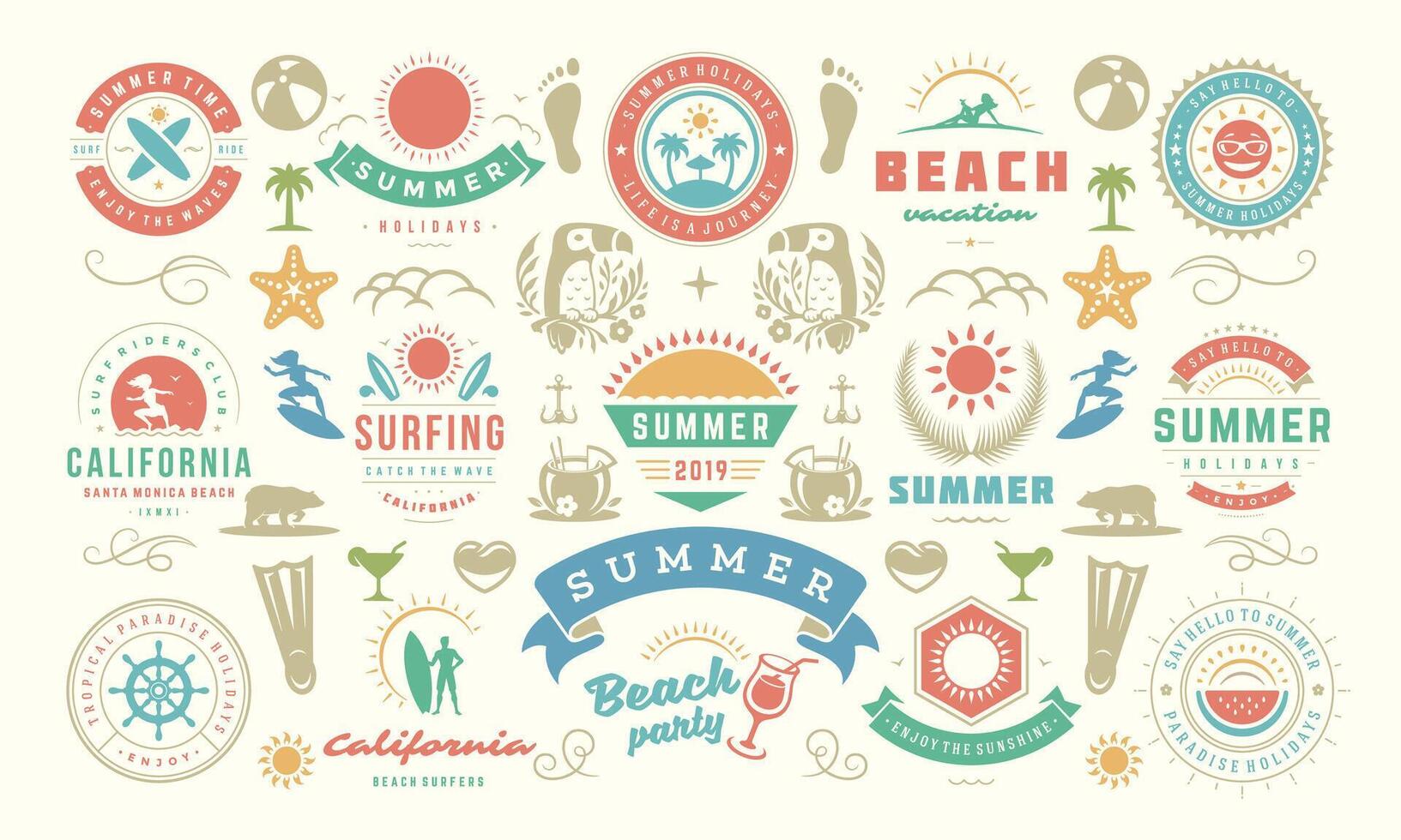 Summer holiday labels and badges design set retro typography for posters and t-shirts. vector