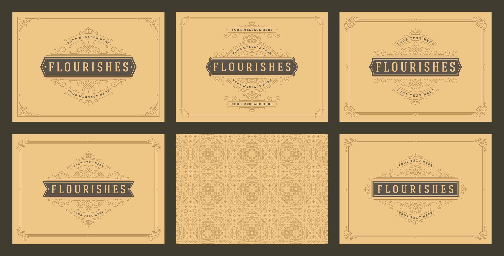Vintage ornament greeting cards set templates flourish ornate frames and pattern background illustration vector