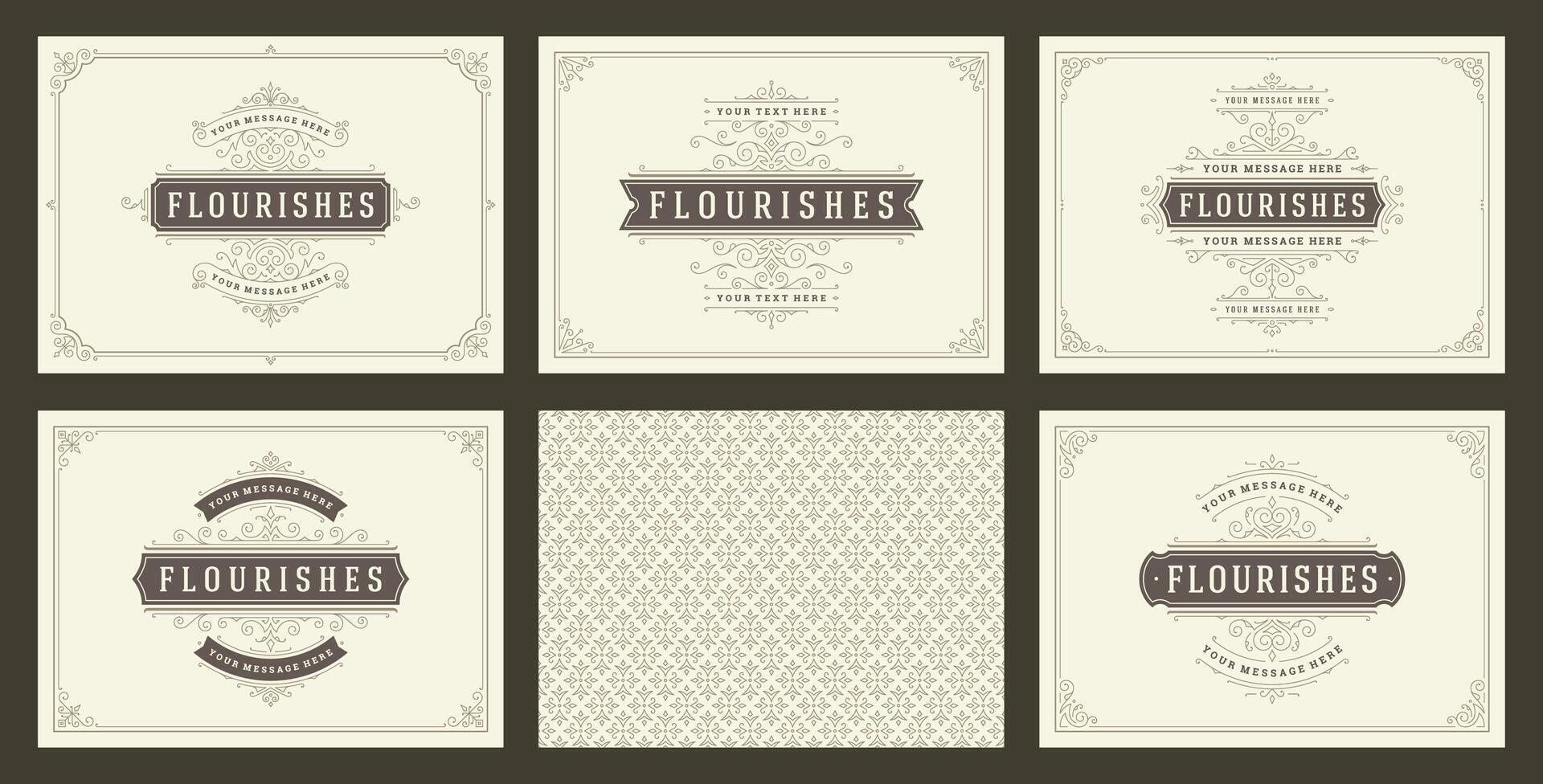 Vintage ornament greeting cards set templates flourish ornate frames and pattern background illustration vector