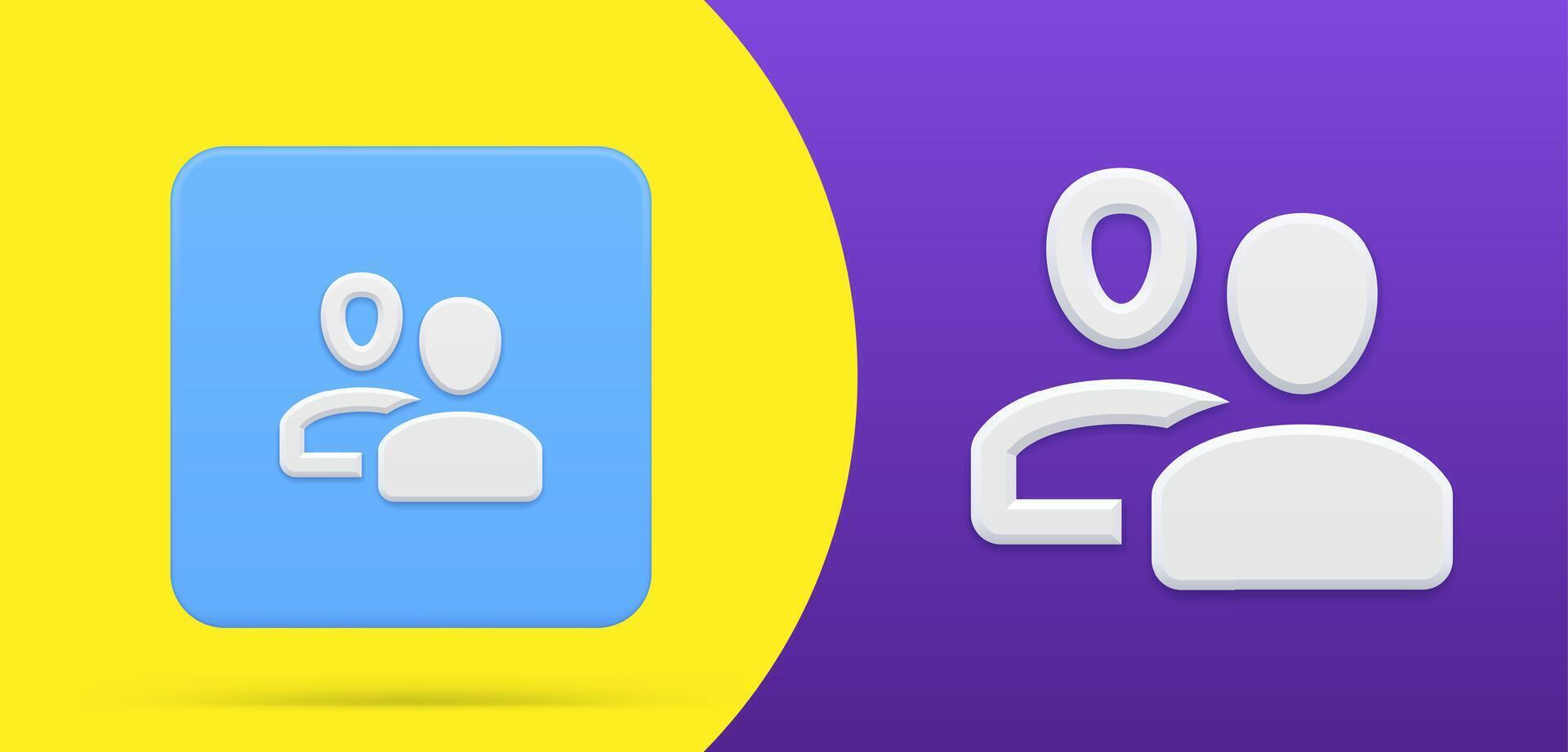 Simple two person icon 3d button set illustration. Logo of society, teamwork, partnership vector