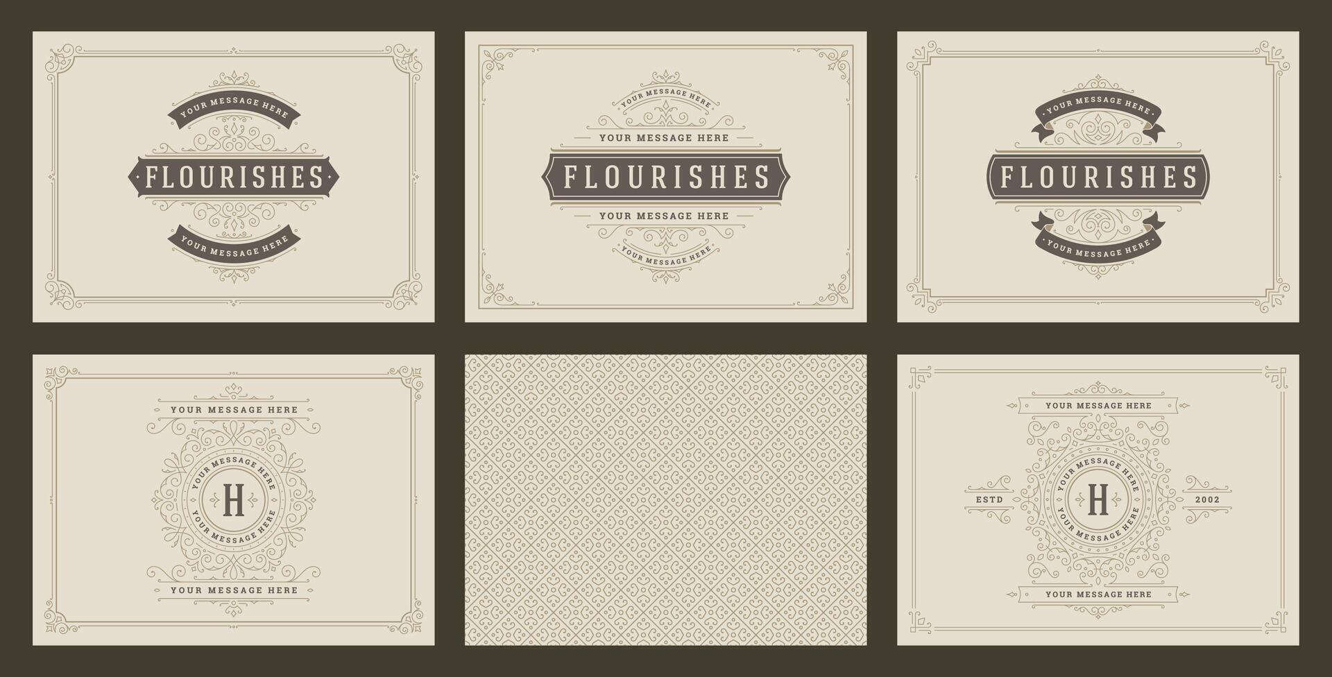 Vintage ornament greeting cards set templates flourish ornate frames and pattern background illustration vector