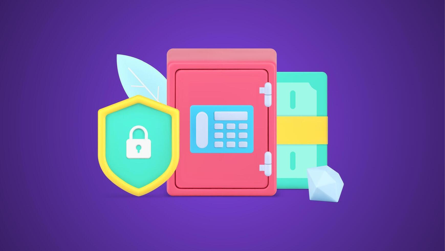 Guard banking protective system with shield and metal safe with combination lock 3d icon isometric vector