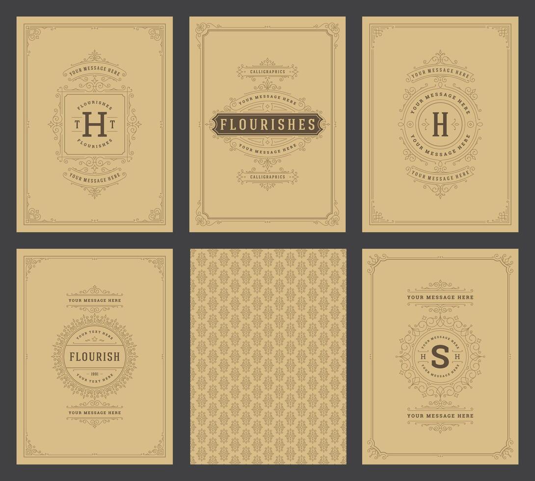 Vintage ornament greeting cards set templates. Flourishes ornamental frames and pattern background vector