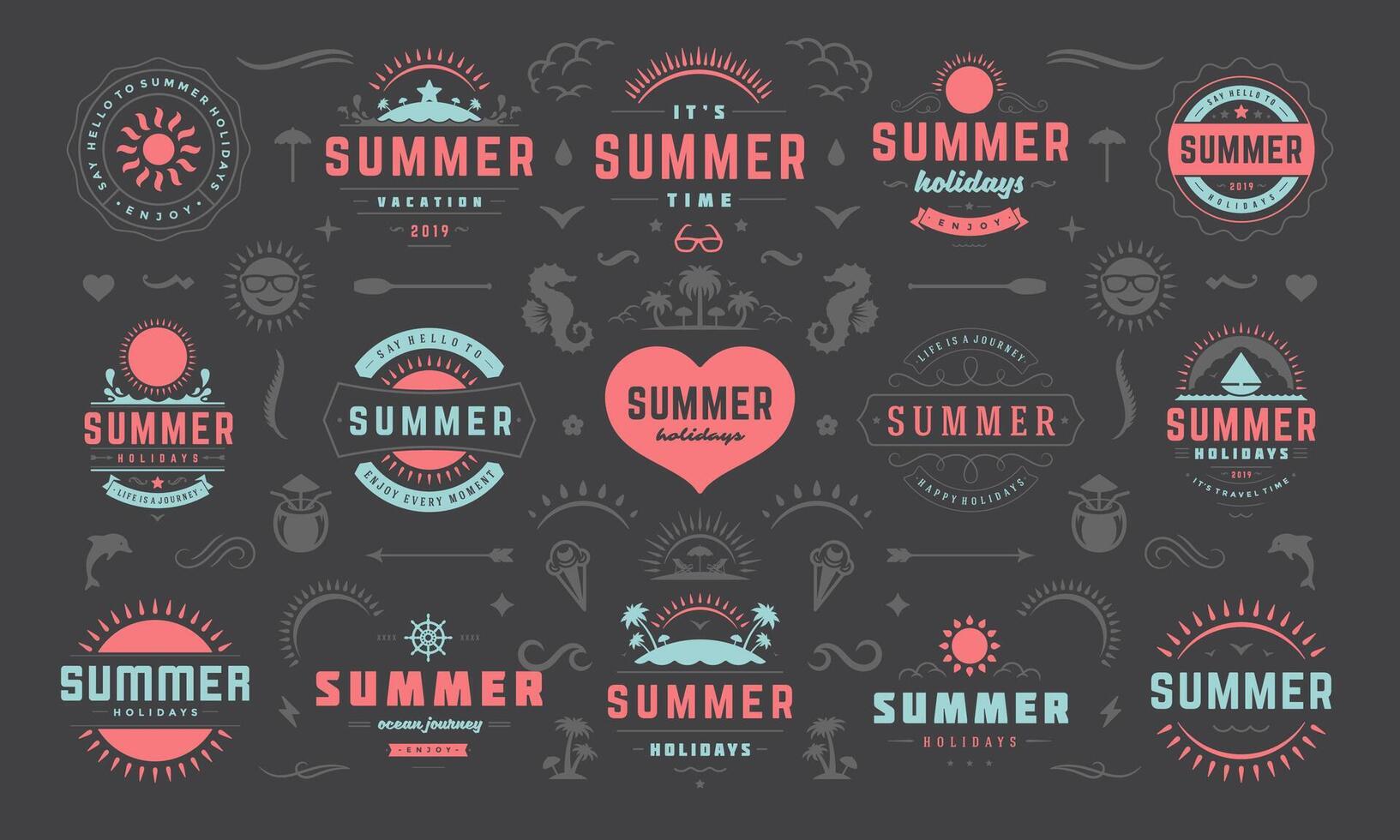 Summer labels and badges design set retro typography for posters, greeting cards and banners. vector