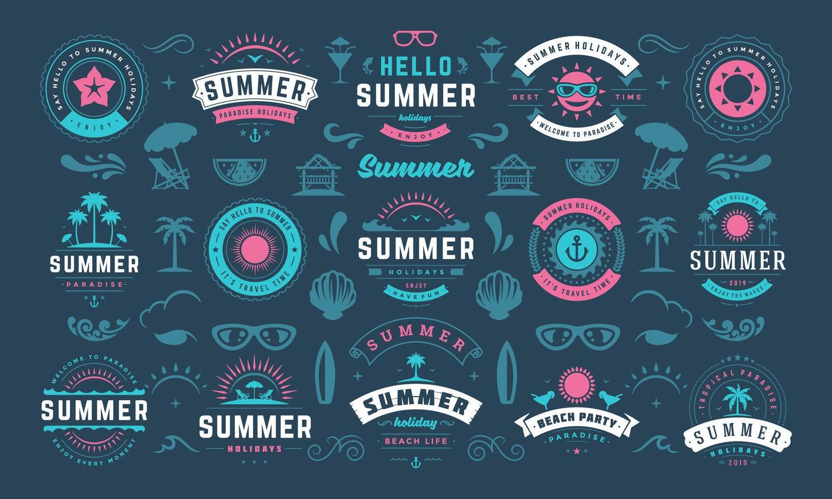 Summer holiday labels and badges design set retro typography for posters and t-shirts. vector