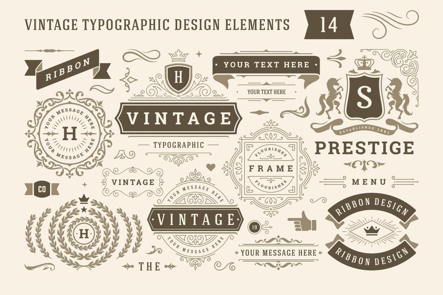 Vintage typographic design elements set illustration. vector