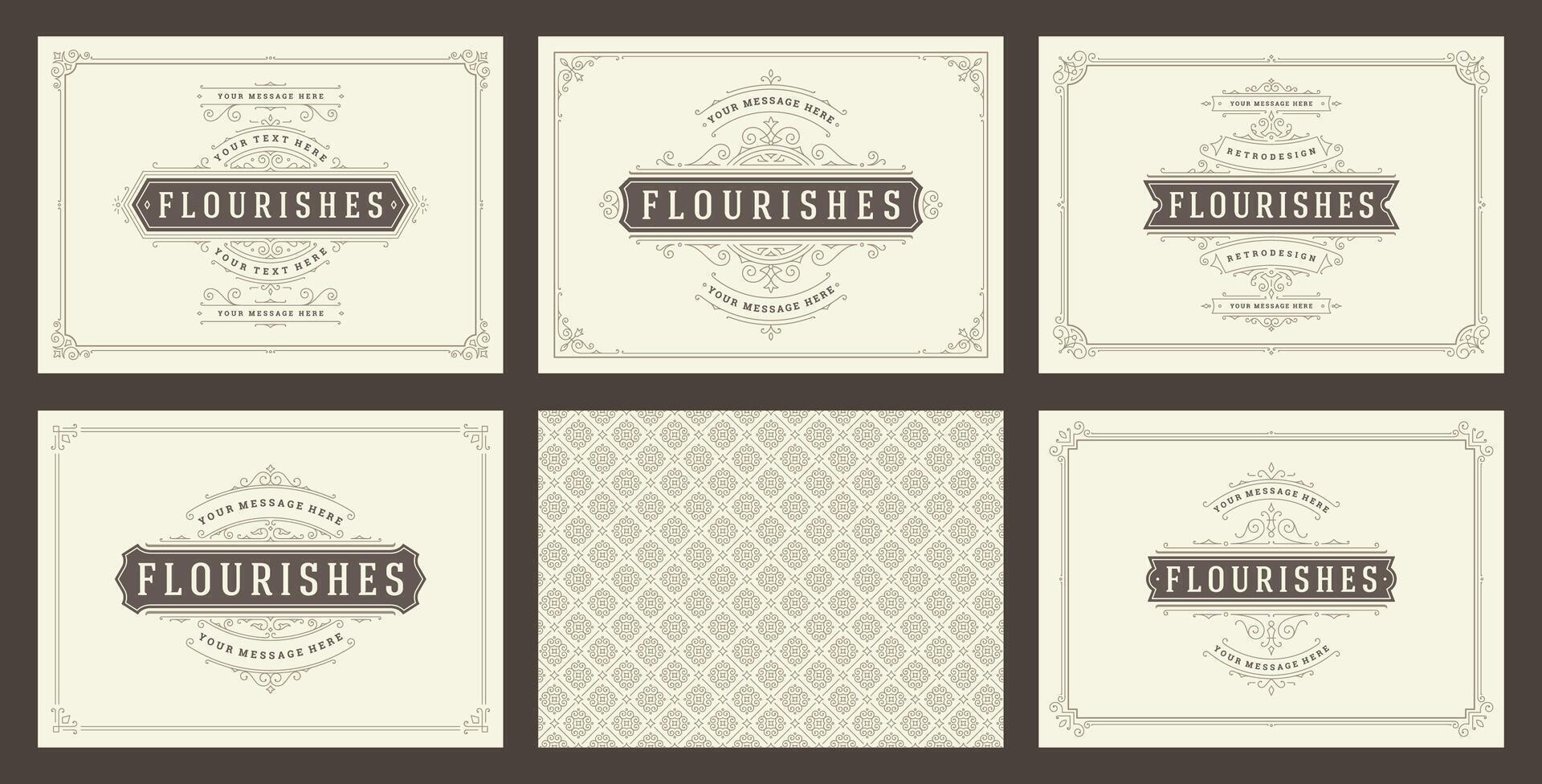 Vintage ornament greeting cards set templates flourish ornate frames and pattern background illustration vector