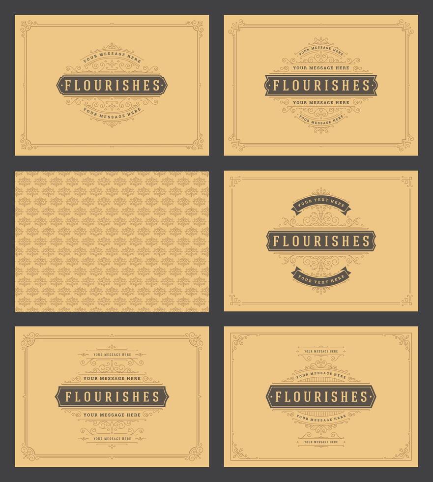 Vintage ornament greeting cards set templates flourish ornate frames and pattern background illustration vector