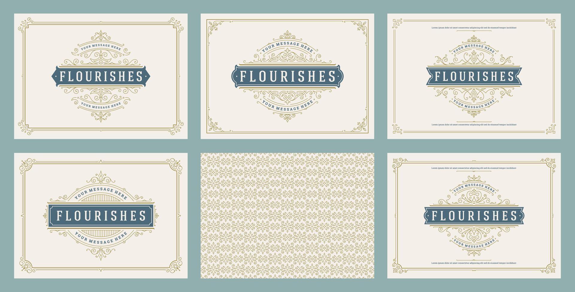 Vintage ornament greeting cards set templates flourish ornate frames and pattern background illustration vector