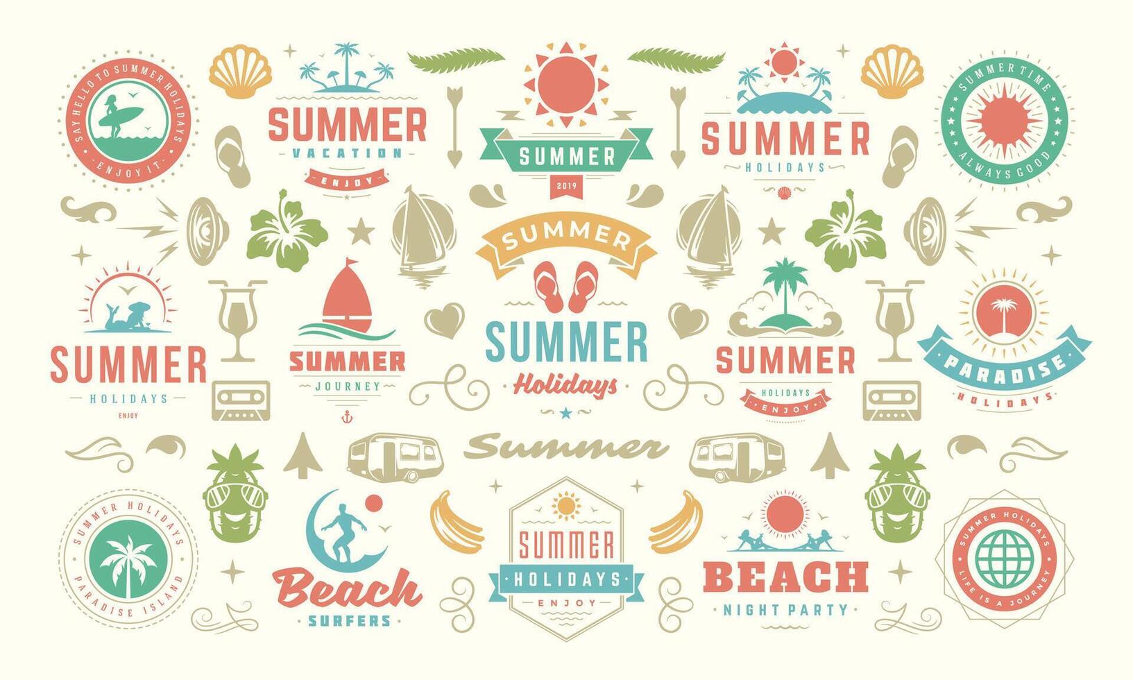 Summer holiday labels and badges design set retro typography for posters and t-shirts vector